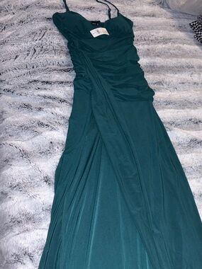 NWT Windsor Hunter Teal Ruched Maxi Dress with Spaghetti Straps with slit